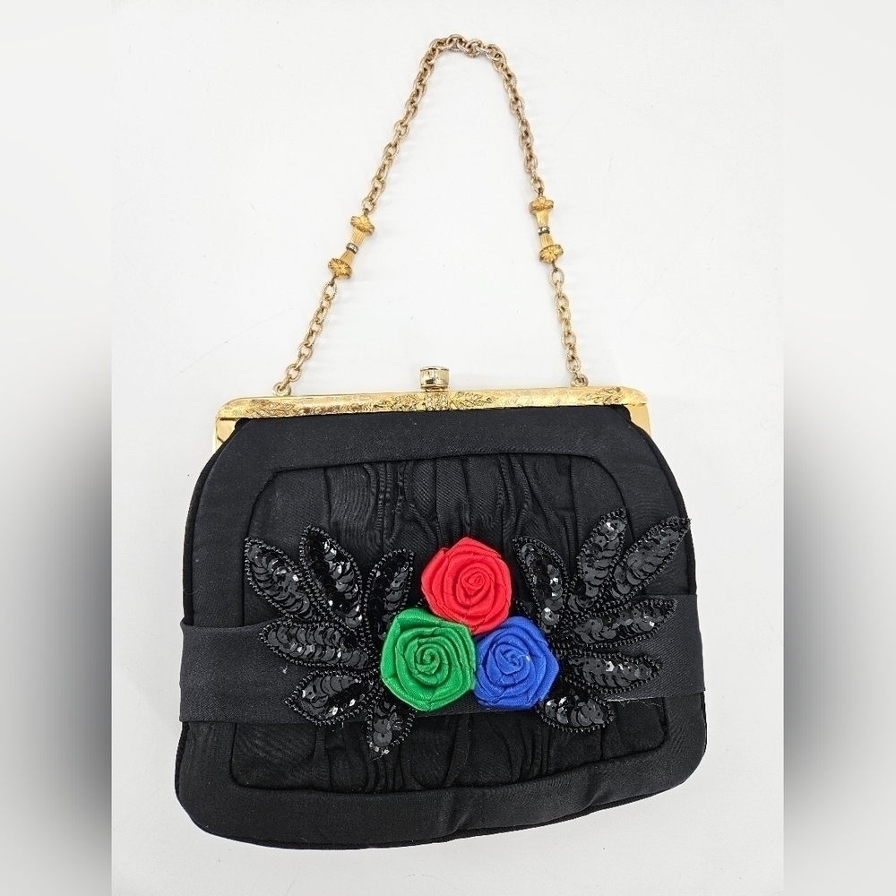1960's Lou Taylor BLACK Purse Evening Bag W/ Mirror REMOVABLE Sequins & Flowers
